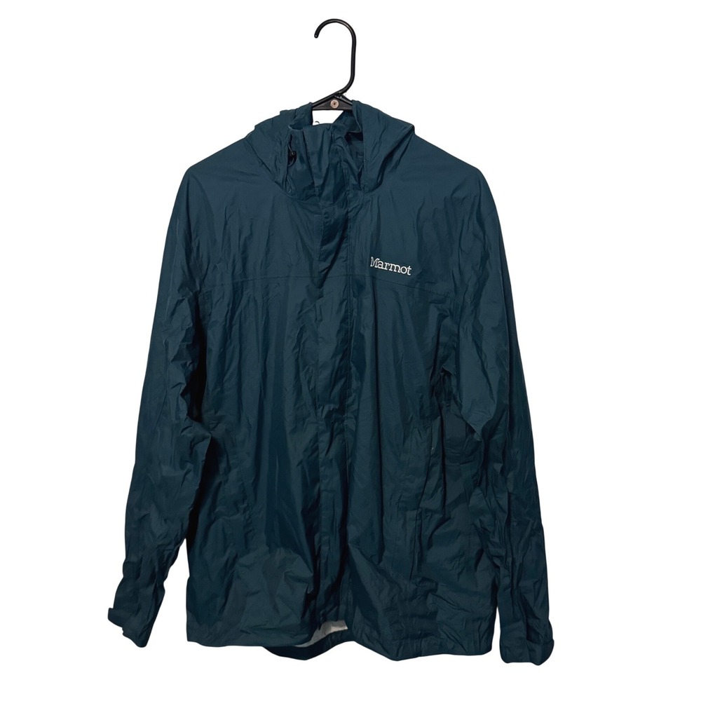 Marmot Rain Jacket Mens Large Blue PreCip Hooded Waterproof Windbreaker Full Zip